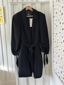 ZARA Frock Coat Jacket Tie Waist Ruche Arm Lined Mid Length Sz XS X-Small NEW - Picture 1 of 19