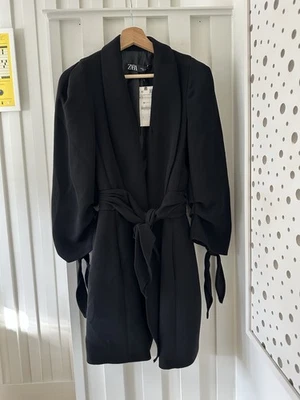 ZARA Frock Coat Jacket Tie Waist Ruche Arm Lined Mid Length Sz XS X-Small NEW - Image 1 of 4