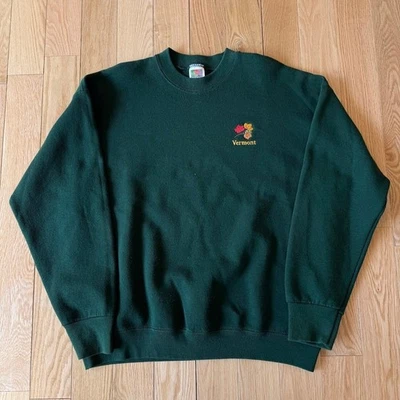 Y2K Gildan Vermont 秋叶刺绣绿色圆领运动衫成人大号 — 第 1/4 张图片