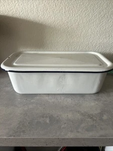 Vintage Farmhouse White Enameled Black Trim Steel Bread Box Casserole With Lid - Picture 1 of 7