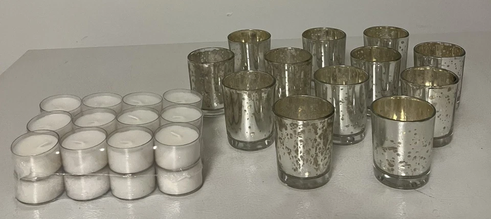 EUC Silver Mercury Glass Votives Set Of 12 With 24 NEW Mini Tea Light Candles - Image 1 of 4