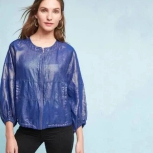 Chaqueta Bomber Anthropologie Elevenses Azul Metálico con Cremallera Ligera XS/S - Imagen 1 de 5