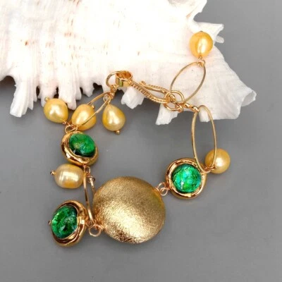 Pulsera para mujer 8" con cuentas cepilladas de cristal de Murano verde perla arroz dorado Foto 1 de 4