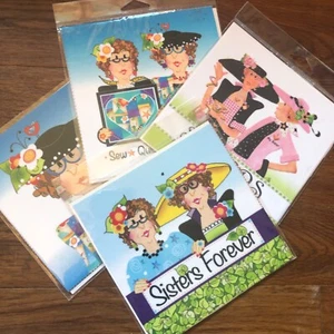 Jody Houghton Fabric Art Panel Lot of 4 Sisters Forever Sew Quilt Shop Laugh - Picture 1 of 8