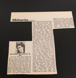 Obituario Jean Parker 2005 - recorte de periódico vintage - Imagen 1 de 1