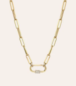 14k Gold Large Paper Clip Chain with Diamond Carabiner Pendant Necklace - Picture 1 of 2