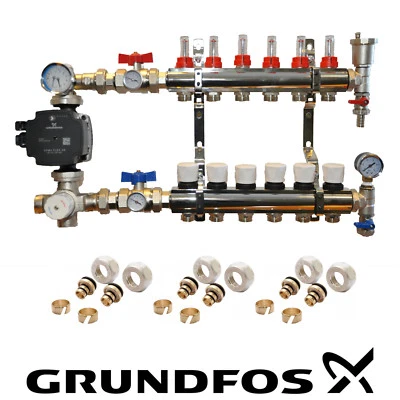 WATER UNDERFLOOR HEATING MANIFOLDS 2 to 8 PORTS A RATED GRUNDFOS UPM3 PUMP PACK  - Image 1 of 4
