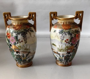 Pair Of Small Noritake Japanese Hand Painted Double Handle Vases Free P+P - Picture 1 of 19