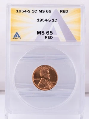 Certified 1954-S Lincoln Cent ANACS MS65 Red Wheat Penny 1c  - Image 1 of 4