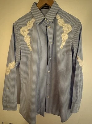Camisa De Colección Dolce & Gabbana Azul Rayas Blanco Encaje 46 Como Nueva Blusa Algodón Foto 1 de 4