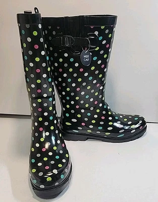 Botas de lluvia de pantorrilla Capelli negras con lunares hebilla ajustable de goma talla 9 para mujer Foto 1 de 4