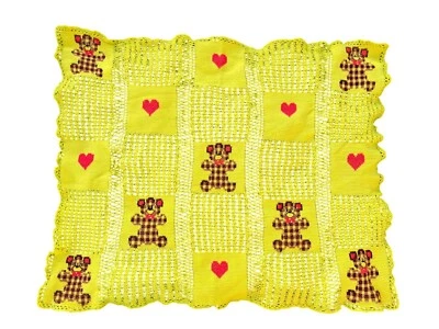 Manta bebé vintage hecha a mano de ganchillo amarilla con peluche marrón y patrón de corazón Foto 1 de 4