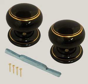 60mm Black Double Goldline Porcelain Mortice Door Knobs (pair) - Picture 1 of 3