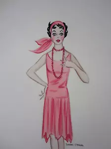 Vintage Moda Commerciale Illustrazione Arte Dipinto Originale Abito Rosa Anni 50 - Foto 1 di 3