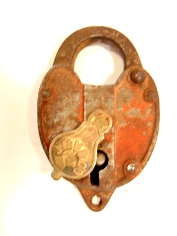 vintage larger brass & steel padlock marked JMV & Co. on keyhole cover; no key Cover