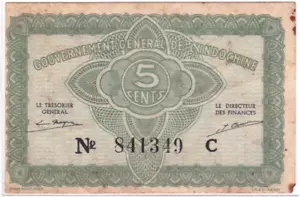 Mazuma *F2316 French Indo-China 1942 5 Cents No841349C AVF - Picture 1 of 2