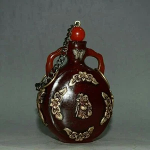 Bottiglia da fiuto vintage argento tibetano ambra antica regalo decorativo da collezione - Foto 1 di 4