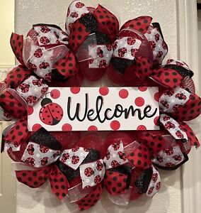 LADY BUG DECO MESH 🐞 Year Round WELCOME Wreath RED Deco Mesh 24" x 24" CUTE!