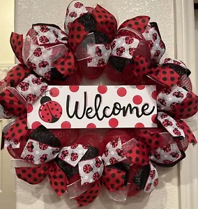 LADY BUG DECO MESH ๐ Year Round WELCOME Wreath RED Deco Mesh 24" x 24" CUTE! - Picture 1 of 8