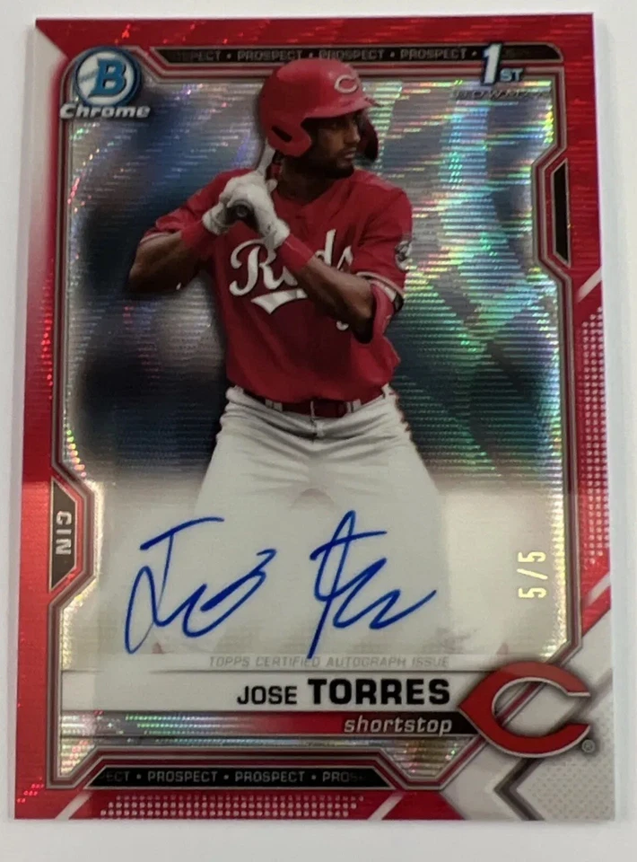 2021 BOWMAN CHROME DRAFT JOSE TORRES RED WAVE REFRACTOR AUTO #’d 5/5 - Image 1 of 2