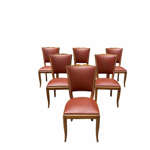 1940s Vintage French Art Deco Solid Walnut Dining Chairs - Set of 6 Cover
