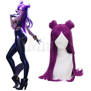 LOL KDA Kaisa Wigs The Void Purple Long Straight Braided Bun Cosplay Hairpiece - Picture 1 of 8