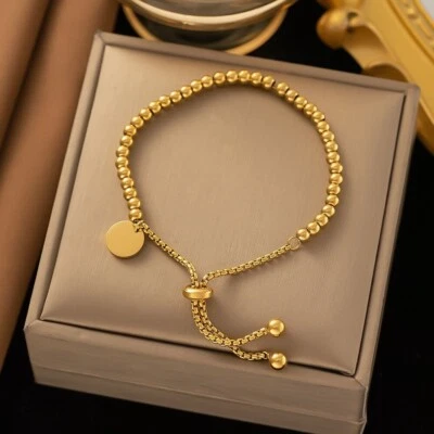 Woman 18K Gold Plated Stainless Steel Bead Ball Chain Bracelet Bangle Disc - Image 1 of 4
