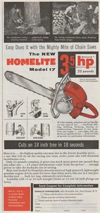 1954 Homelite Model 17 Chainsaw - Lumberjack Cuts Tree - Magazine Print Ad Art - Picture 1 of 2