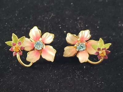 Pendientes de clip vintage de metal pintados a mano florales y diamantes de imitación Foto 1 de 4