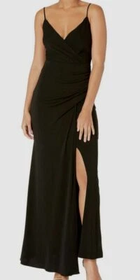 $415 Nicole Miller USA Women Black Stretch V-Neck Sleeveless Ruched Gown Dress 6 - Image 1 of 2