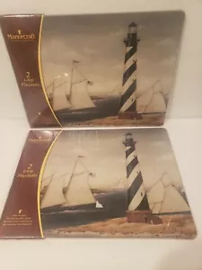 New Manorcraft Lot of 4 Placemats Cork Back Signed Lighthouse, Sailboats SEALED - Picture 1 of 12