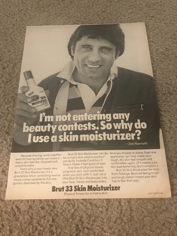Vintage JOE NAMATH BRUT 33 SKIN MOISTURIZER Poster Print Ad 1970s NEW YORKJETS Cover