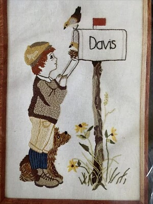 Special Delivery Little Boy with Dog at Mail Box Vintage Crewel Kit NIP 12x18 - Image 1 of 4