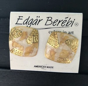 VTG Berebi Gold Tone Pierced Earrings Beige & Gold Enamel 80s Statement - Picture 1 of 5