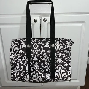 Thirty-One Organizing Utility Tote Bag Black White Pattern Pockets Open Top - Picture 1 of 12