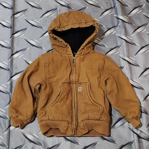 Carhartt Jacket Boys Size 4T Brown Canvas Kids Quilt Lined Full Zip Hooded Coat - Picture 1 of 3