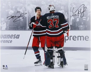 Connor Hellebuyck & Mark Scheifele Jets Signed 16x20 Celebration Spotlight Photo - Picture 1 of 1
