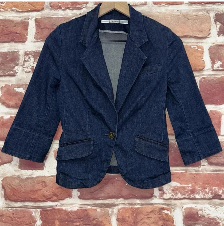 Jaqueta Gibson Feminina XS Azul Chambray Denim Botão Estrela Blazer Casual - Imagem 1 de 4