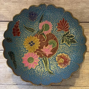 Large Brass Console Bowl Enameled Daisy Pattern Blue Pink Bright Colors 9.5” - Picture 1 of 9