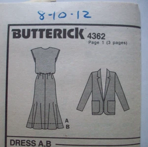 80's Loose fit elastic waist dress & jacket pattern 4362  size 8 10 12 UNCUT - Picture 1 of 2