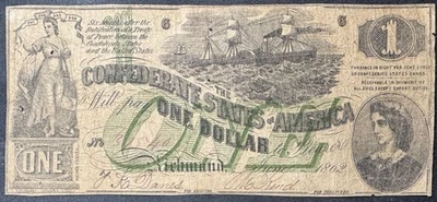 Civil War CSA Confederate States $1.00 Note Bill 1862 Steamships Lucy Pickens - Image 1 of 2