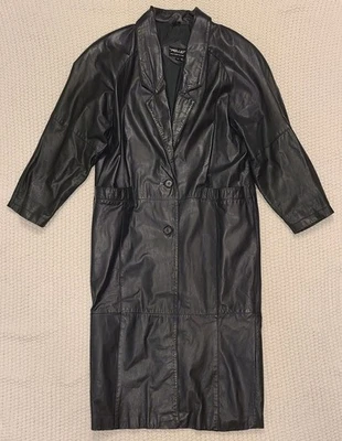 Винтажный Pelle NY Milano женщин черный панельный кожаный падение плеча Тренч Sz M - Изображение 1 из 4