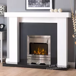 ELECTRIC WHITE SURROUND BLACK GRANITE SILVER LED FIRE FIREPLACE SUITE & LIGHTS - Picture 1 of 3