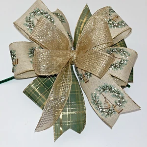 10" Christmas Bow Tan Green Wreath Hanging Bells Farmhouse Rustic Handmade New - Picture 1 of 6