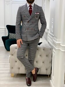 Men's Pink Plaid Double Breasted Suit Italian Cut Slim Fit Groom Suit Wedding