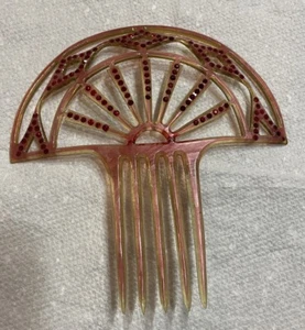 Celluloid Hair Comb Pink with Red Rhinestones Art Nouveau Antique & Ornate VHTF - Picture 1 of 14