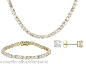 14K GOLD CLAD LAB CREATED S. DIAMOND TENNIS NECKLACE & BRACELET BONUS EARRINGS - Picture 1 of 1