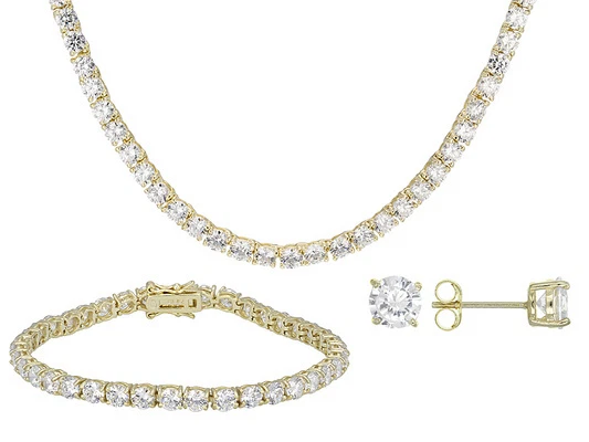 14K  GOLD CLAD LAB CREATED S.  DIAMOND TENNIS NECKLACE & BRACELET BONUS EARRINGS - Image 1 of 1
