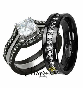 SET ANELLO DI FIDANZAMENTO MATRIMONIO HERS & HIS 4 PEZZI NERO ACCIAIO INOX & TITANIO - Foto 1 di 8
