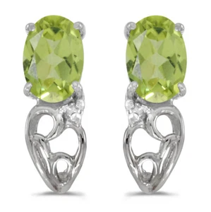 14k White Gold Oval Peridot And Diamond Earrings - Picture 1 of 2